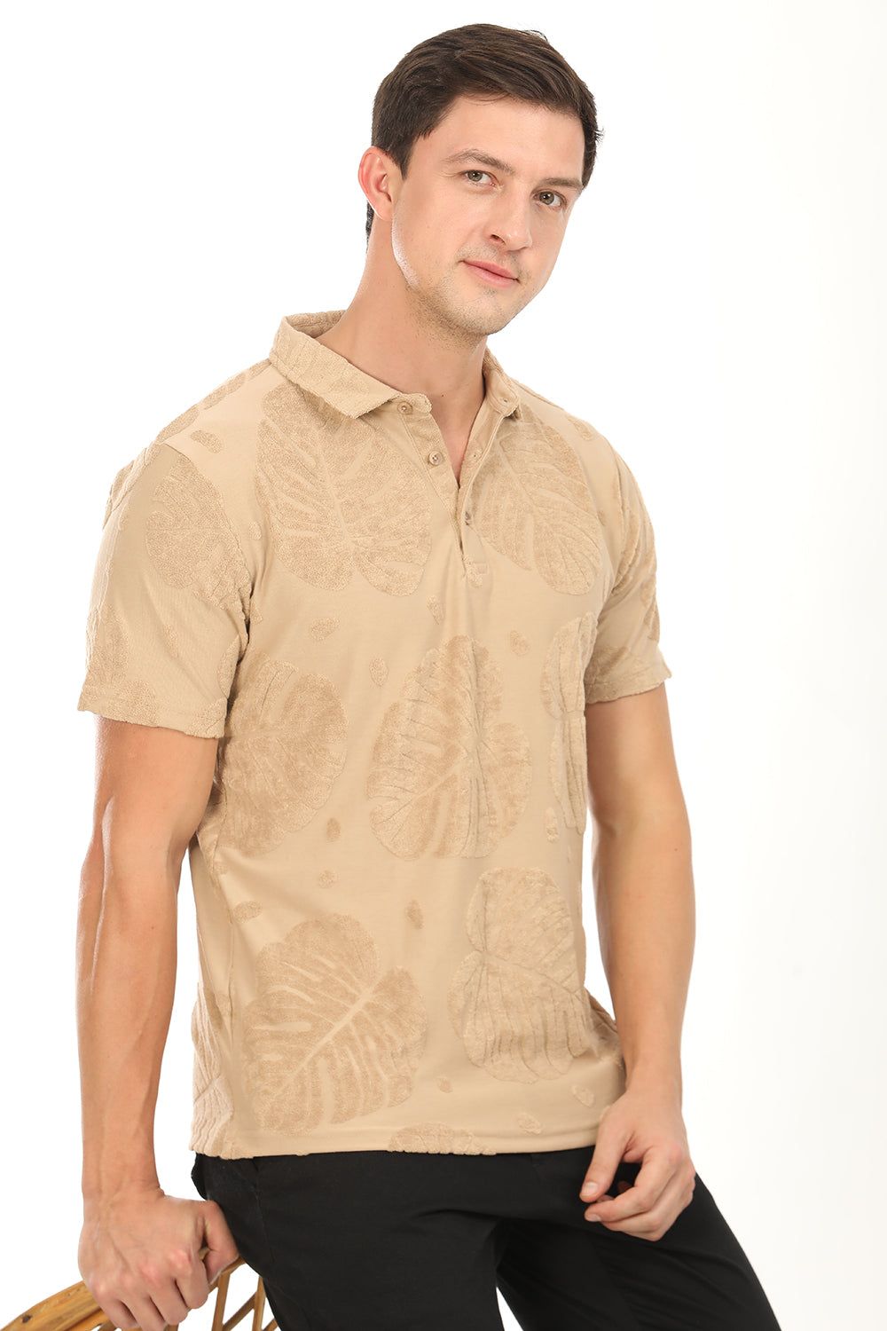 Palm Haven Polo T-Shirt: Beige-M