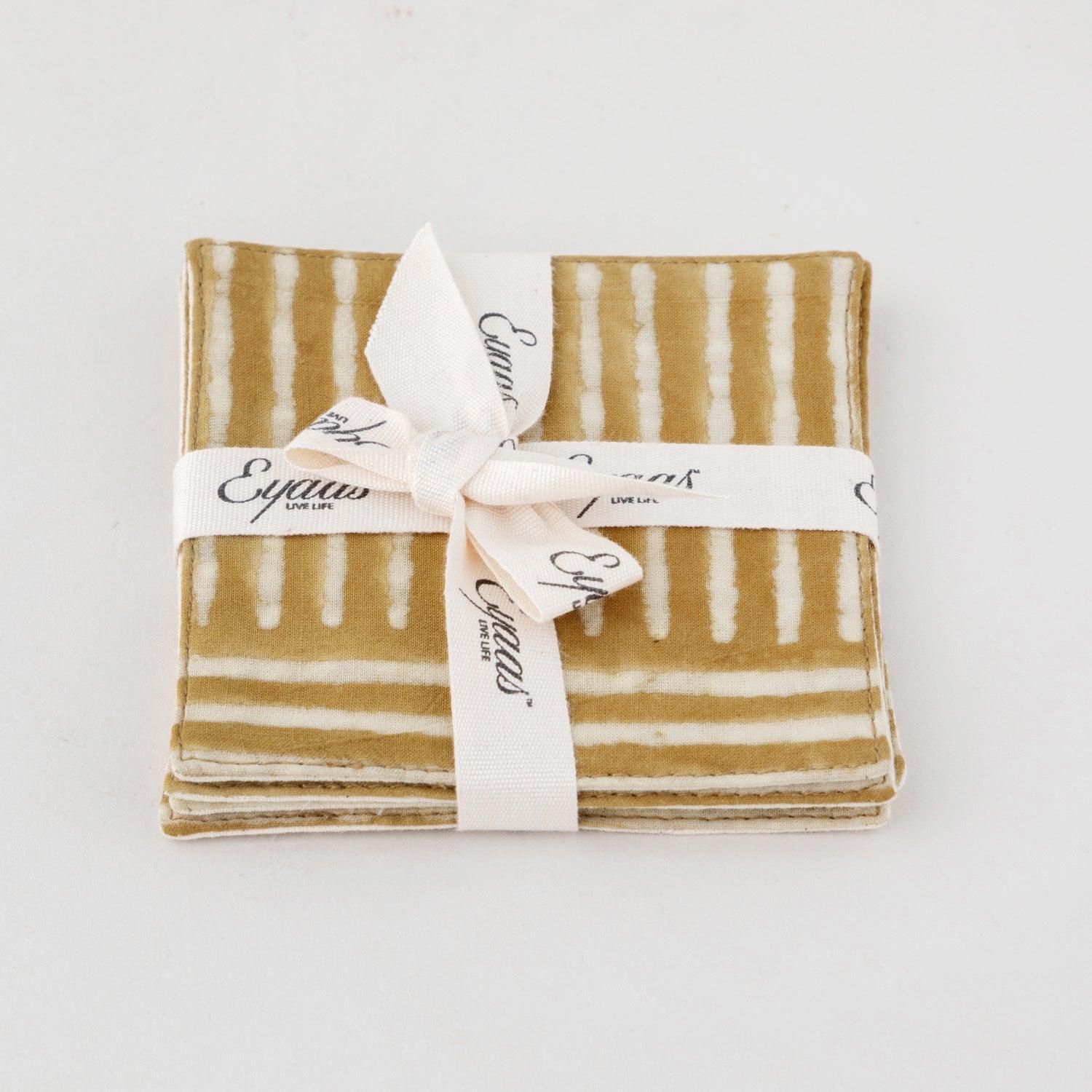 Dabu Hand Printed Striped Muddy Green Fabric Coasters - 4x4-Muddy Green / 100% Cotton / 4 Inches x 4 Inches