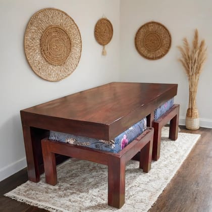 PREET GALLERY Solid Wooden Coffee Table with 2 Cushioned Stools - Space Saving Center Table Set for Living Room & Home Decor | Handcrafted Wooden Center Stool