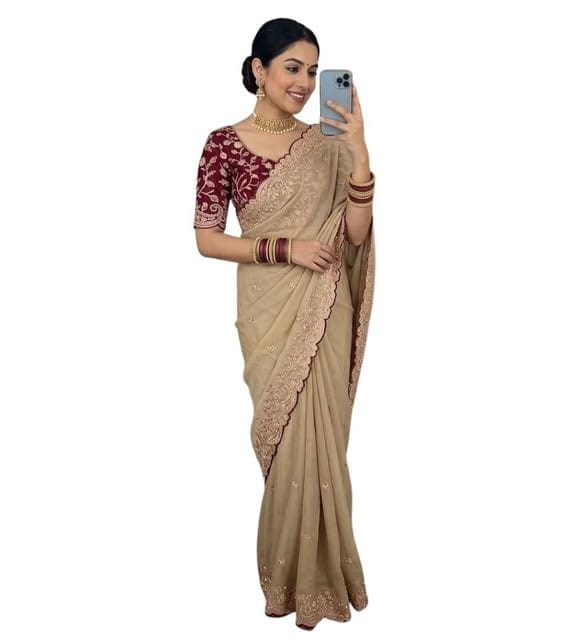 Women's Star Georgette Embroidered Saree With Unstitched Blouse 5.5Mtr (Beige)-PID67218