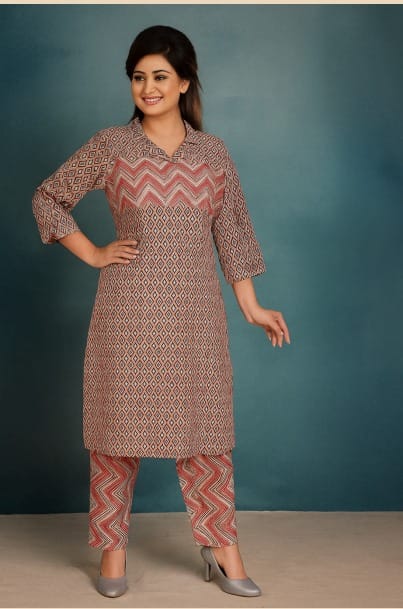 Pink Ethnic Collar Kurti Set forWomen
