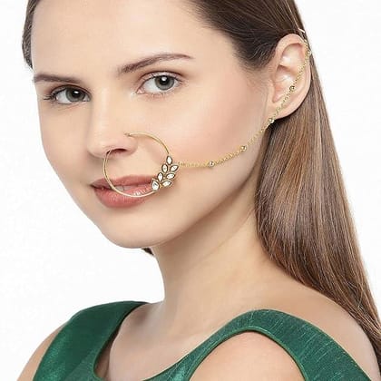 Gold-Plated Handcrafted Kundan Stone-Studded Chained Nose Ri