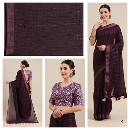 Wine Color Sequence Silk Border Cotton Blend Saree.