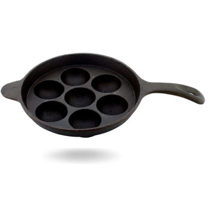 TRILONIUM ButterMold Pre-Seasoned Cast Iron Round Long Handle 7 Pits Paniyarakal | Paniyaram Pan | Paddu | Ponganalu Pan | Kallu | Chatti - Induction Compatible