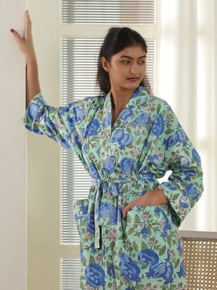 Cotton Kimono Handblock Printed Unisex Bathrobe - Free Size