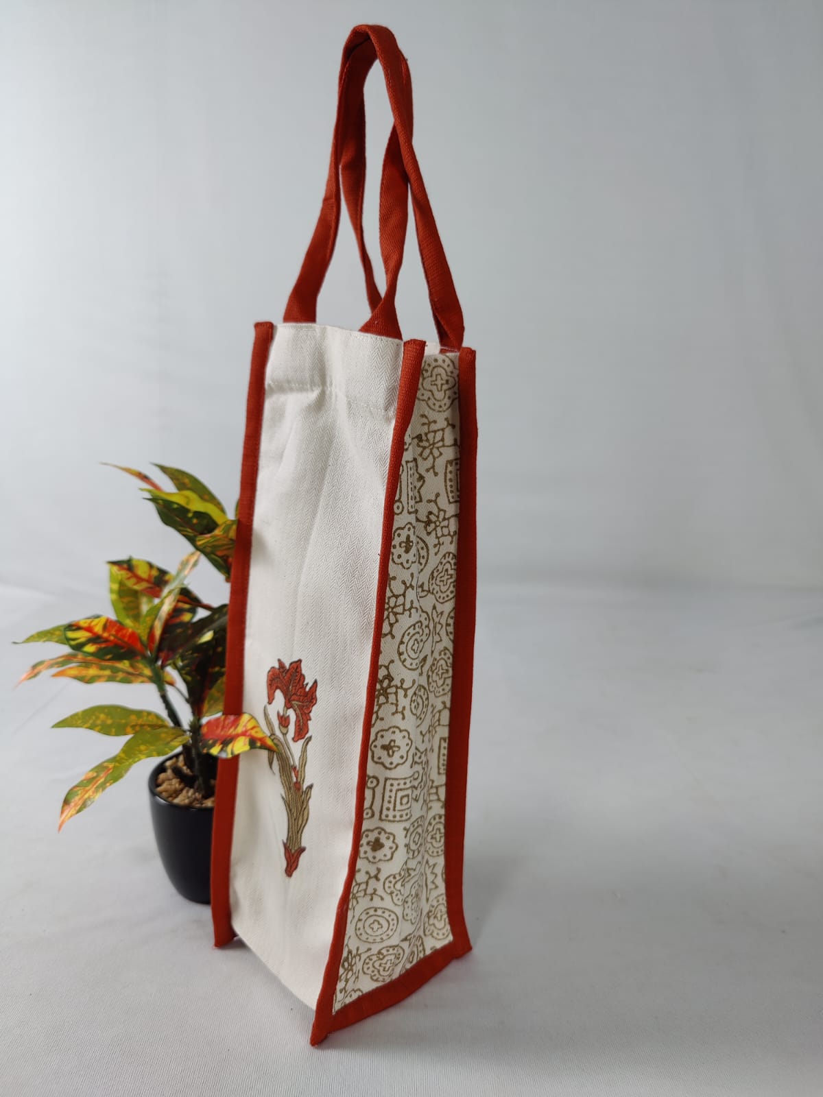 Handcrafted Block Printed Cotton Bottle Bag | Reusable | Rust