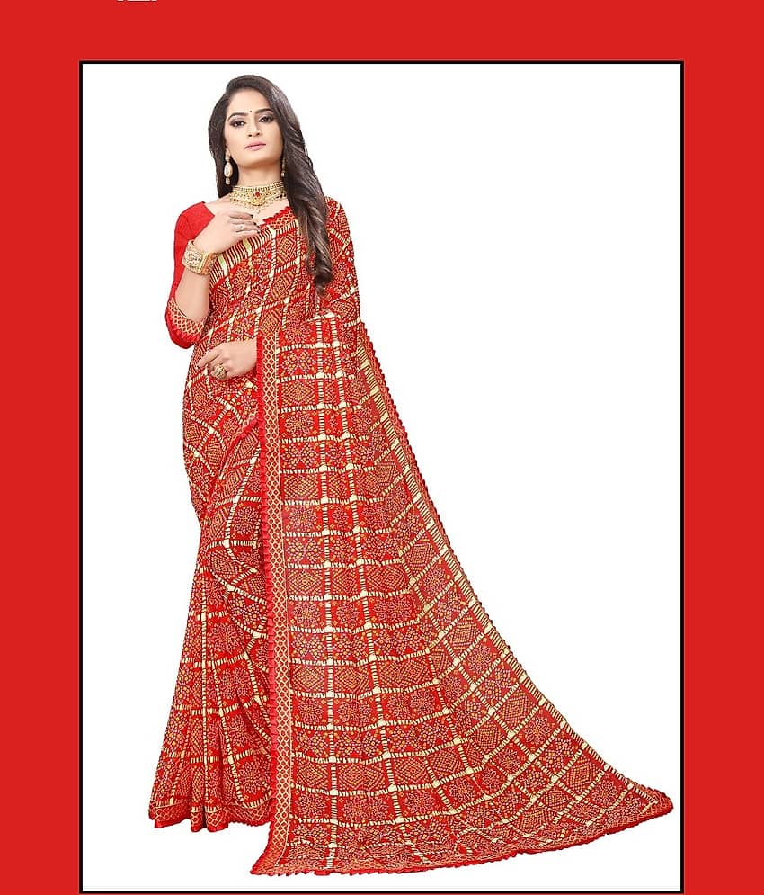 Kanooda Prints Georgette Printed Saree With Unstitched Blouse Piece ( Red )