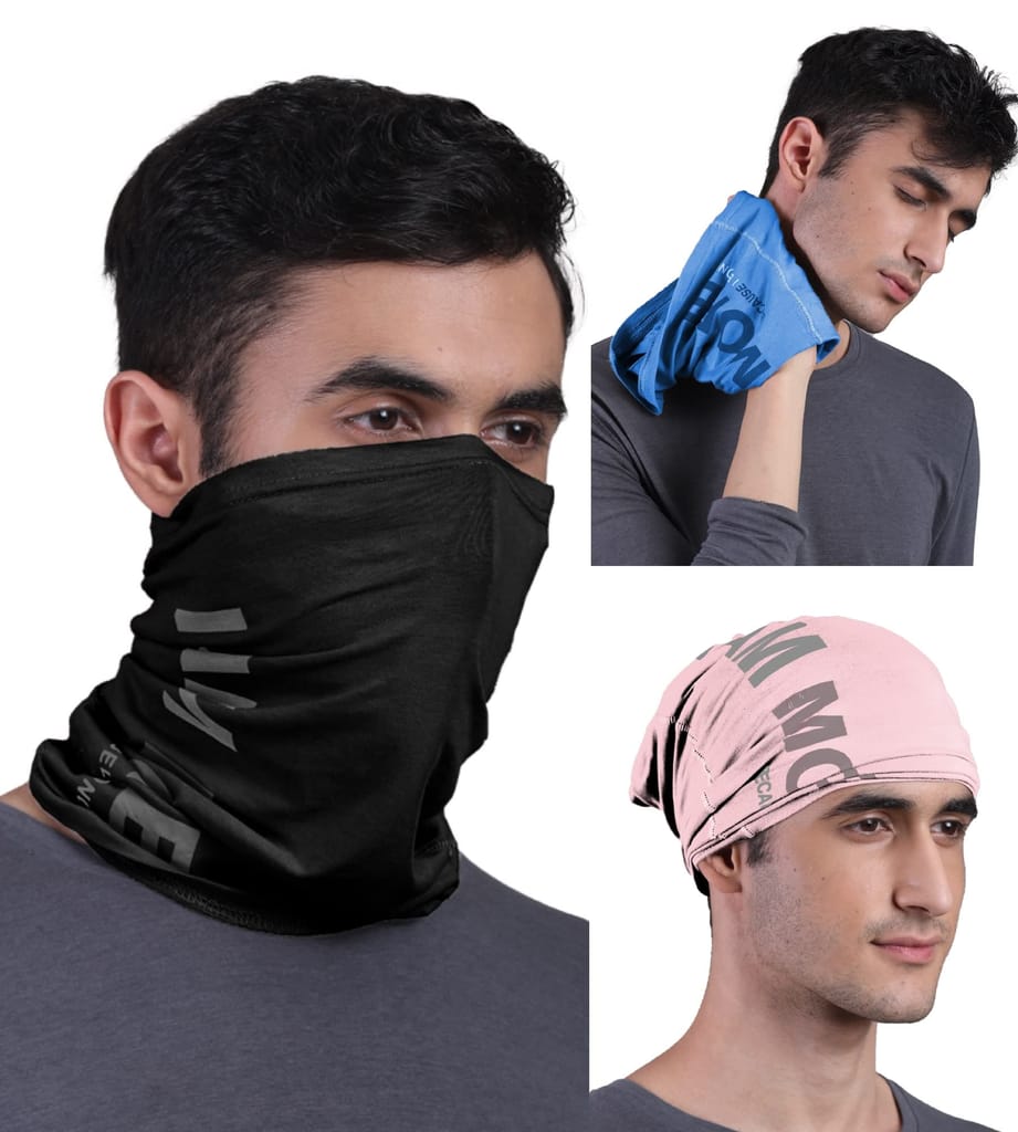 FREECULTR Unisex Bamboo Bandana, Anti Microbial Super Soft & Comfort Fit, Breathable Multipurpose Headband - Printed Pack of 3-Black,Pastle Peach,Pilot Blue