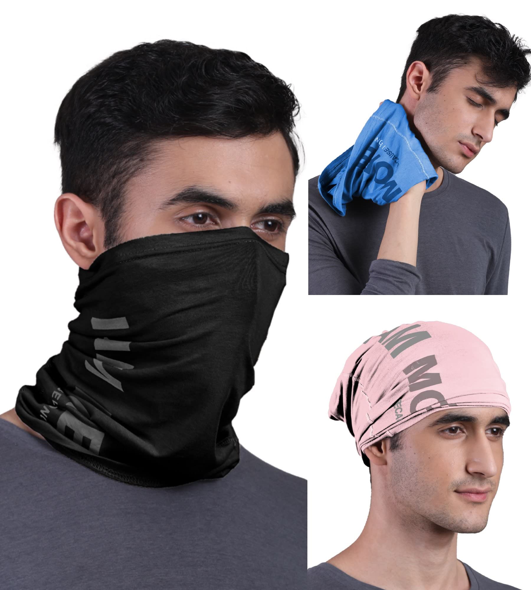 FREECULTR Unisex Bamboo Bandana, Anti Microbial Super Soft & Comfort Fit, Breathable Multipurpose Headband - Printed Pack of 3-Black,Pastle Peach,Pilot Blue