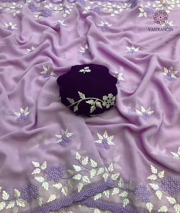 New Function Wear Georgette Embroidered With Scalloped Cut Work Fancy Designer Saree-Lavender