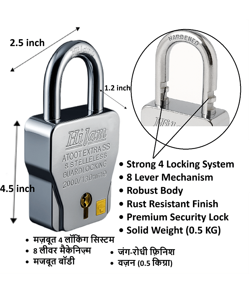 Unikkus Heavy Duty Hilam Padlock 62mm – 4 Locking System, 8 Lever Mechanism, Robust Body, Rust Resistant Premium Security Lock