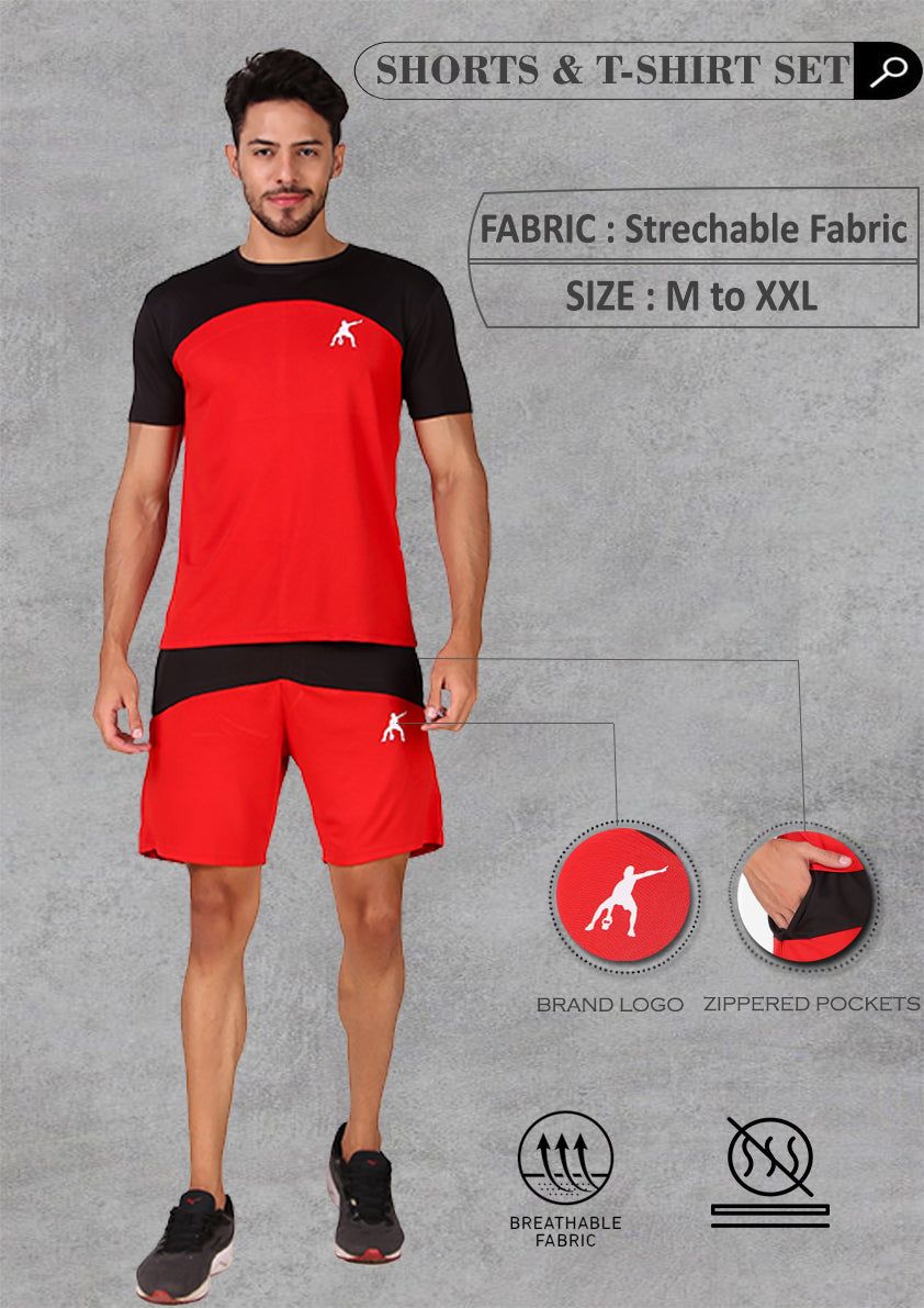 Preen Colorblock T-shirt and Shorts Set BlackRed-M