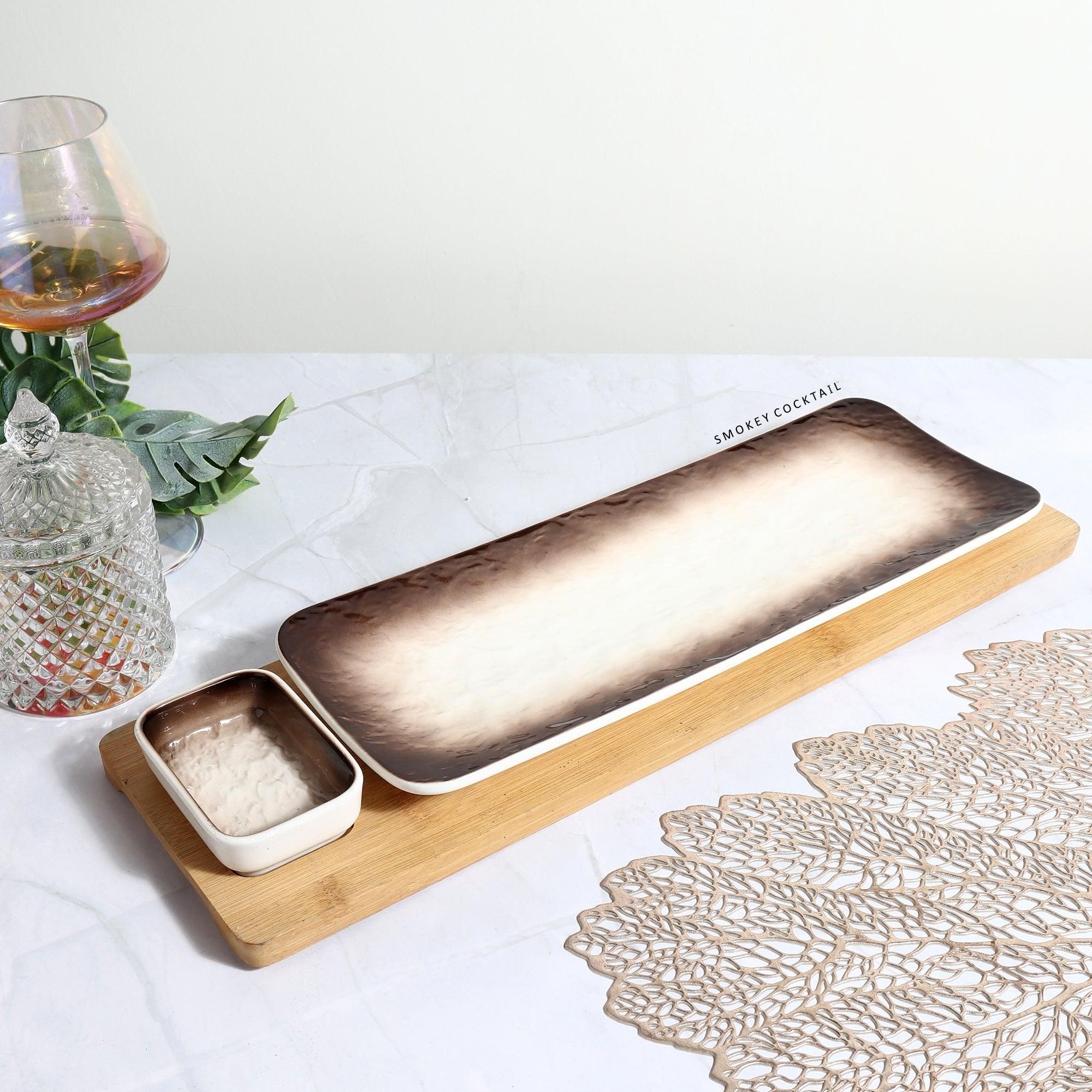 Ombre Serving Platters - Brown-A - Rectangular With Dip Bowl