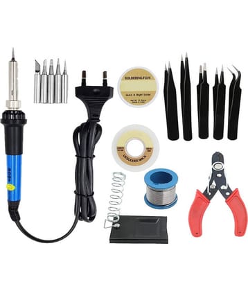 ALDECO: ( 16 in 1 ) 25 Watt Soldering Iron Kit With- Heavy iron, 5 Pcs Bit Set, Wire, Flux, Wick, Stand, Cutter, 5 Pcs Tweezer Set