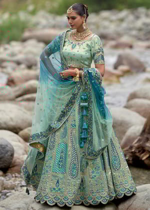 Turquoise Blue Heavy Embroidered Designer Lehenga Set