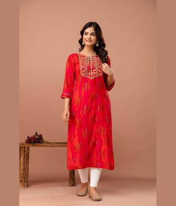 Kapadia Women Rayon Embroidered Straight Kurti ( Pink )