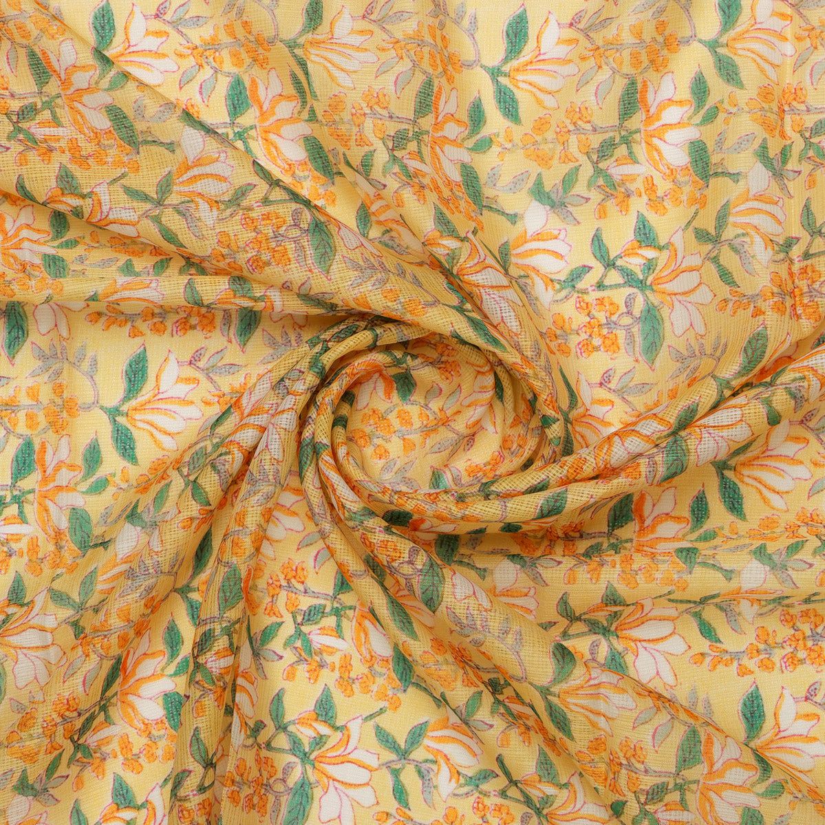 FAB VOGUE Studio Yellow Floral Digital Printed Kota Doria Fabric -  Polyester, 43 Inch