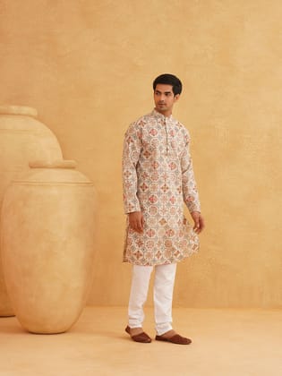 Men's Cotton Blend Cream Kurta and Churidar Pyjama Set-36