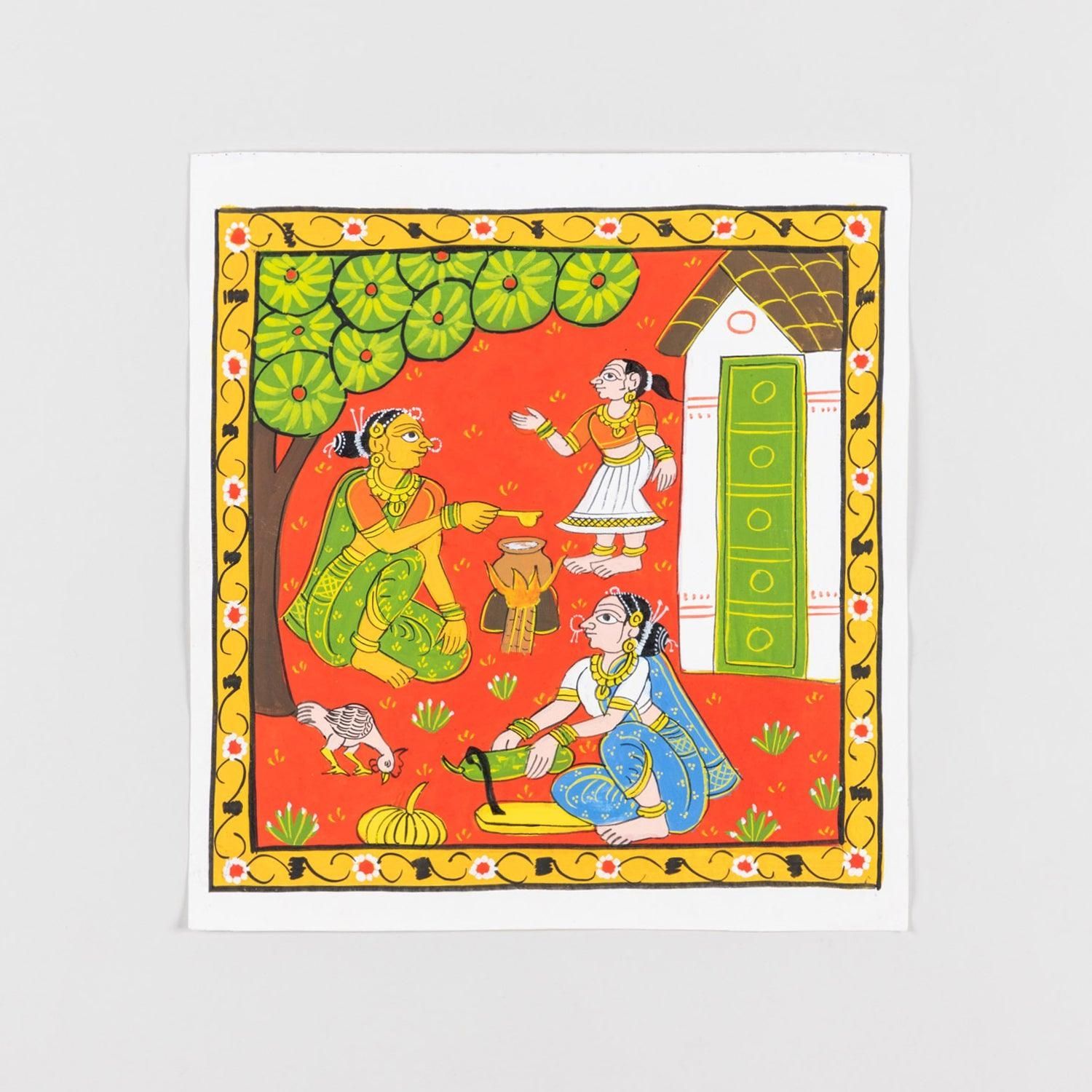 Eyaas Cheriyal Painting of Women Cooking in Village Home Scene