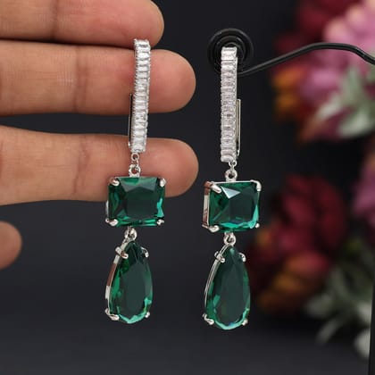 Green Color American Diamond Earrings (ADE594GRN)-Length: 3.50 CM x Width: 2.00 CM / Green / Brass With Good Quality Silver Plated