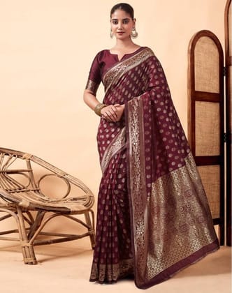 Generic Women's Jacquard Printed Saree with Unstitched Blouse Piece, Soft Lightweight 5.5 m Sari for Daily, Office and Wear (Maroon, Design 67633)