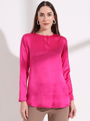 Summer Satin Magenta Mandarin Collar Button Tunic-S / MAGENTA