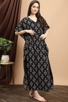 Black Floral Printed Cotton Kaftan For women-ONESIZE