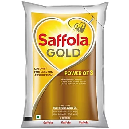 Saffola Gold Multi-Source Rice Bran & Sunflower Edible Oil, 1 L Pouch - 1000 mL - 1000 mL - One pouch