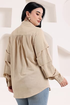Solid Layered Sleeves Shirt-L / Khaki