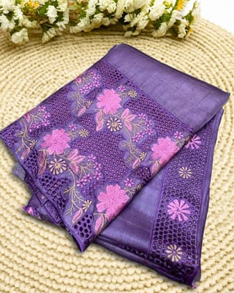 Silkmark Pure Tussar Embroidery & Cutwork Purple Saree
