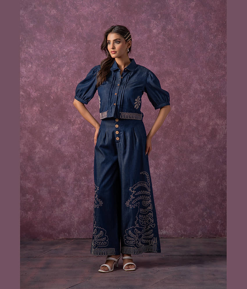 Juniper Women Polyester Solid Straight Kurti With Pants ( Blue )