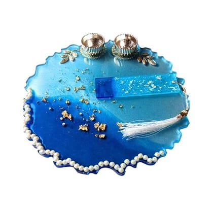 ART2ARTIST Handmade Decorative Resin Pooja thali Set, for Wedding, Mandir| Handmade Arti Thali, Resin Thali, Home Decor, Diwali Thali 8 Inch (Blue)