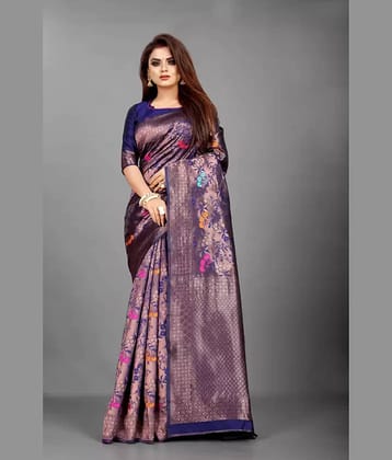 SARIK  FASHION Banarasi Silk Woven Saree With Unstitched Blouse Piece ( Blue )