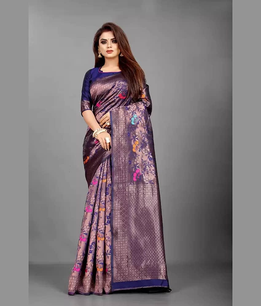 SARIK  FASHION Banarasi Silk Woven Saree With Unstitched Blouse Piece ( Blue )