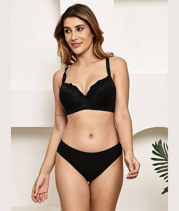 PrettyCat Pack of 1 Lace Bra & Panty Set For Women ( Black )
