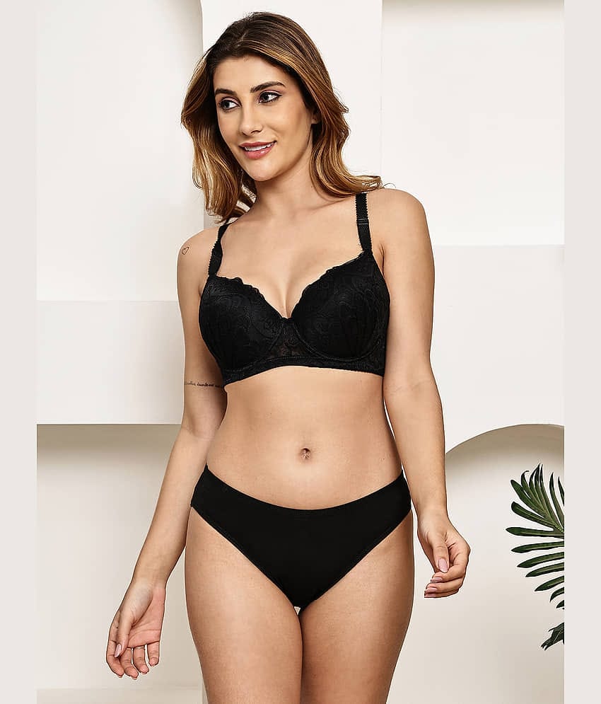 PrettyCat Pack of 1 Lace Bra & Panty Set For Women ( Black )