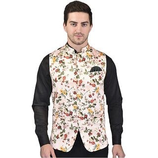 PrintCulture Men Floral Red Cotton Blend Nehru Jacket