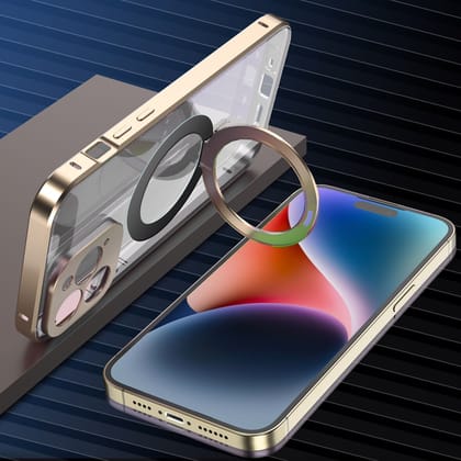 iPhone 14 Plus Metal Cover : [Front Screen Guard + Back Case] Magnetic Lock with MagSafe Stand-Gold