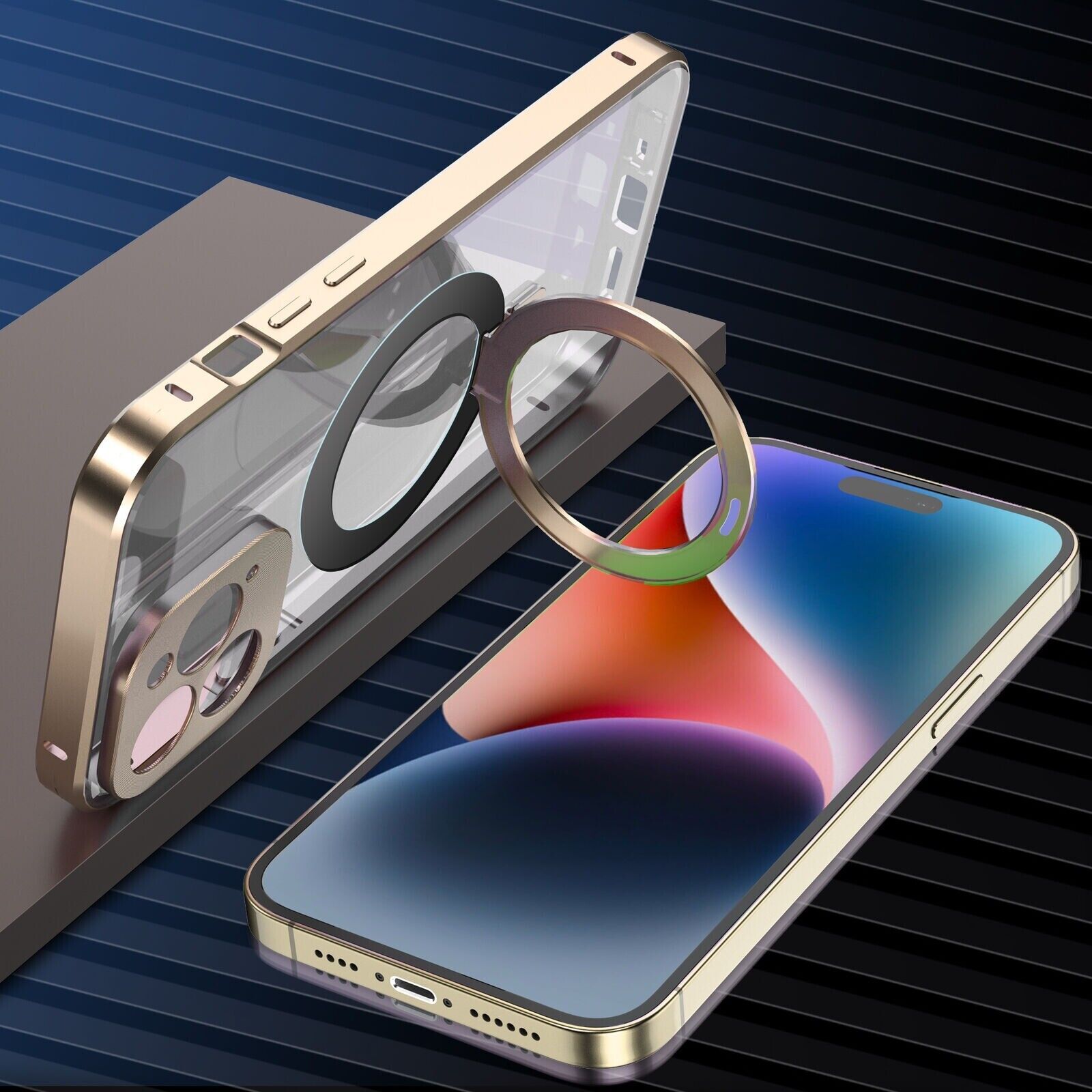 iPhone 14 Plus Metal Cover : [Front Screen Guard + Back Case] Magnetic Lock with MagSafe Stand-Gold