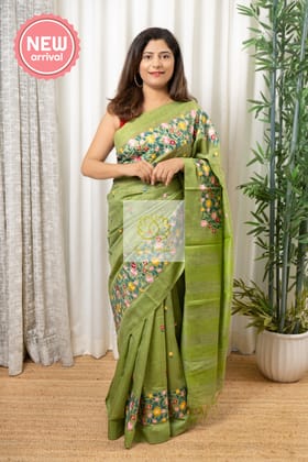 Embroidered Banswara Linen Silk Saree - Green