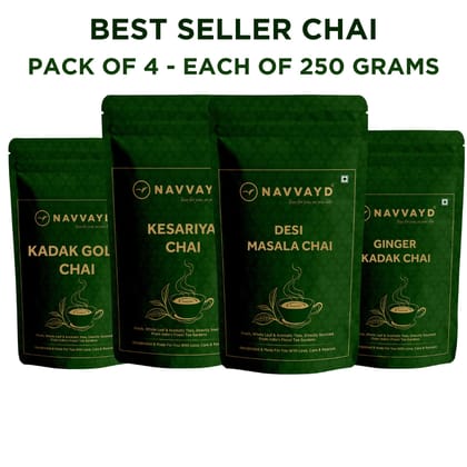 Best Seller Chai Pack of 4 - Kesariya, Desi Masala, Kadak Gold, Ginger Kadak Chai - 250 gms Each-Pack of 4 - Each of 250 Grams