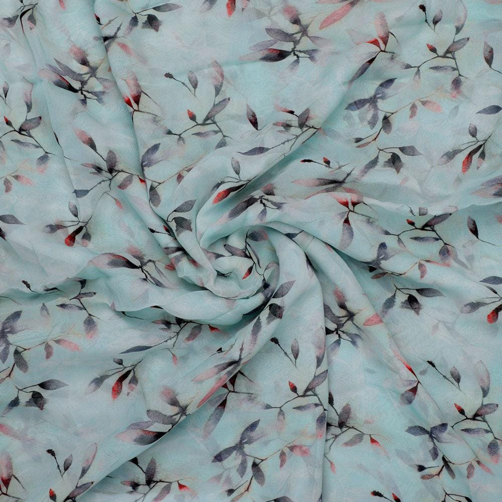 Bluish Thin And Light Leaves Digital Printed Fabric - Pure Georgette