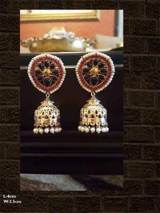 Intricate work magenta and black stone jhoomki with beads