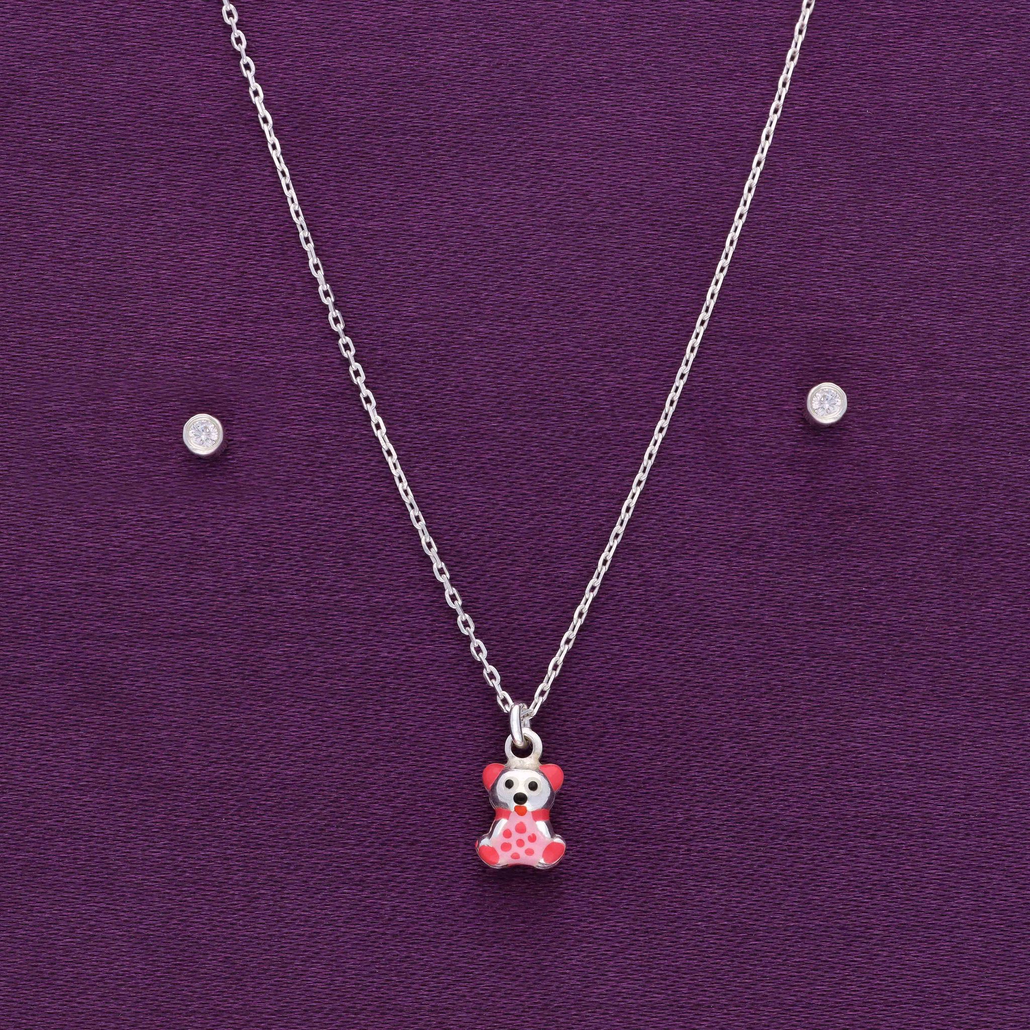 Pink Teddy Silver Pendant & Earring Set-None / Silver