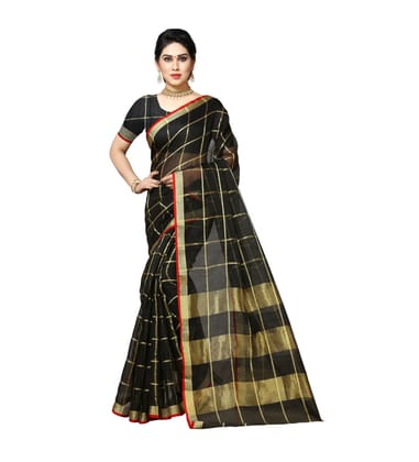Generic Women's Kota Doria Cotton Saree With Blouse (Black,6-3  Mtr)