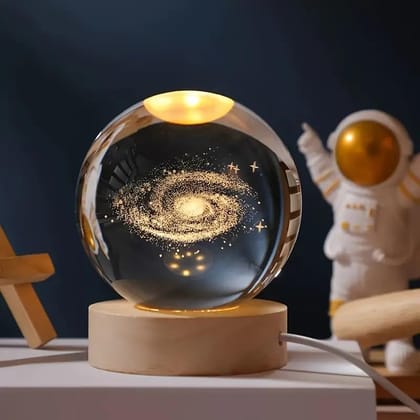 Artistic Gifts 3D Milky Way Crystal Ball Night Light | Dimmable Engraved LED Glass Ball Table Lamp with USB and Wooden Base for Home Decor, Office, Birthday Gift, Housewarming & Kids Bedroom.