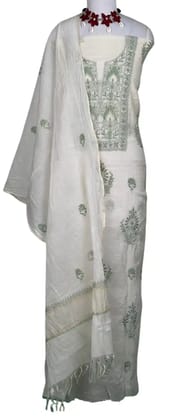 Chikankari Mul Chanderi Dress Material White Green Floral