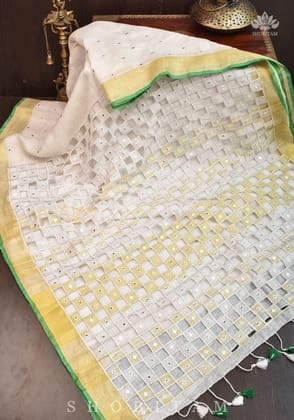 Jaali Pallu - Linen by Linen Cutwork and Mirrorwork Saree in White