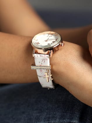 Round Analog Watch With H Liberty Initial Watch Charm - White-Watches