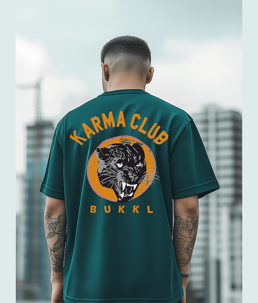 BUKKL Men Cotton Oversized Fit Printed T-Shirt ( Teal )